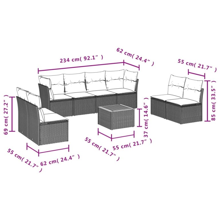 Set mobilier de grădină cu perne, 9 piese, negru, poliratan