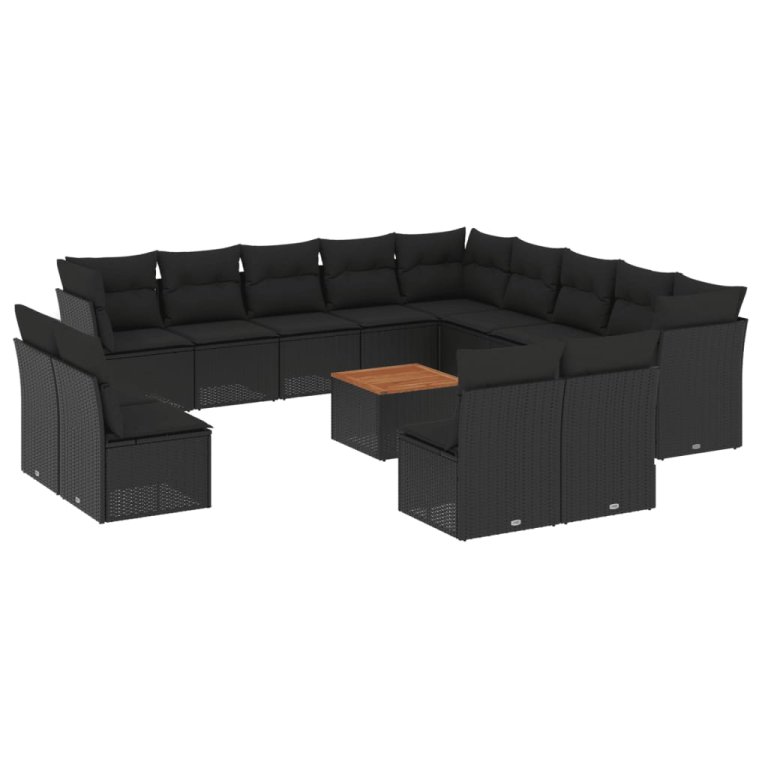 Set mobilier de grădină cu perne, 14 piese, negru, poliratan