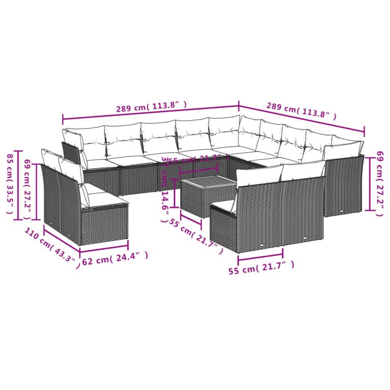 Set mobilier de grădină cu perne, 14 piese, negru, poliratan