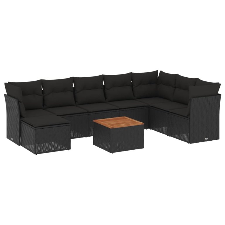 Set mobilier de grădină cu perne, 9 piese, negru, poliratan