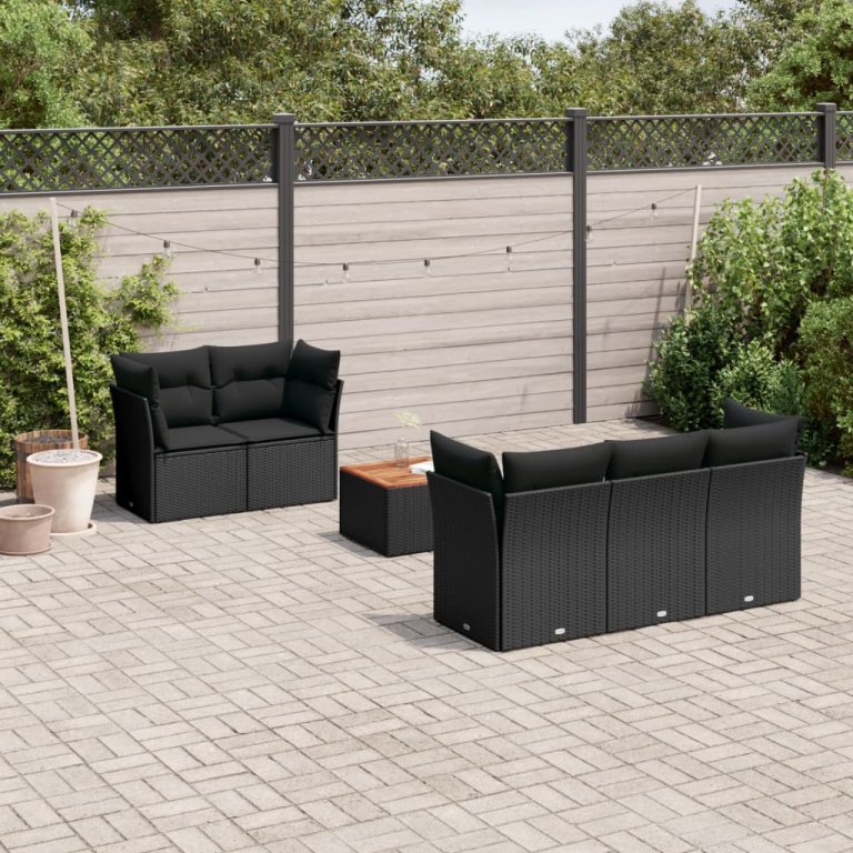 Set mobilier de grădină cu perne, 6 piese, negru, poliratan