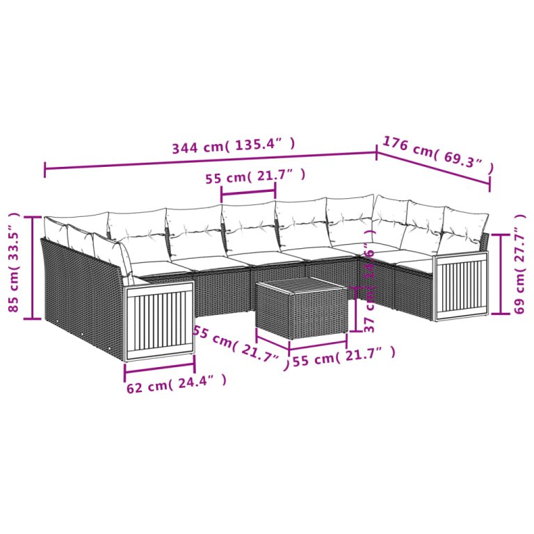 Set canapele de grădină cu perne, 11 piese, negru, poliratan