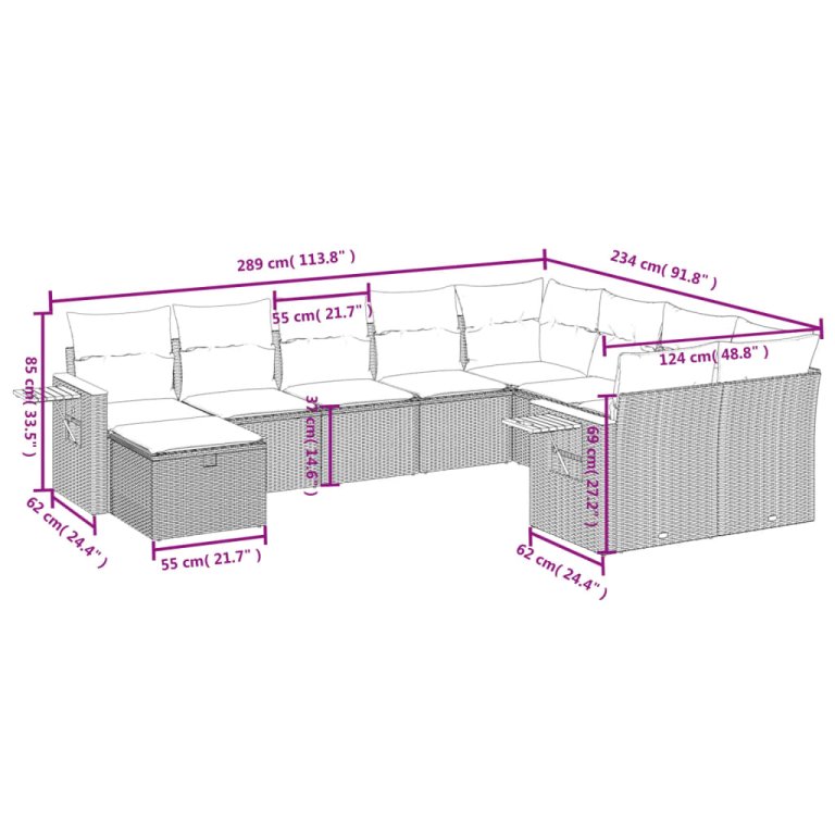 Set mobilier de grădină cu perne, 10 piese, gri, poliratan