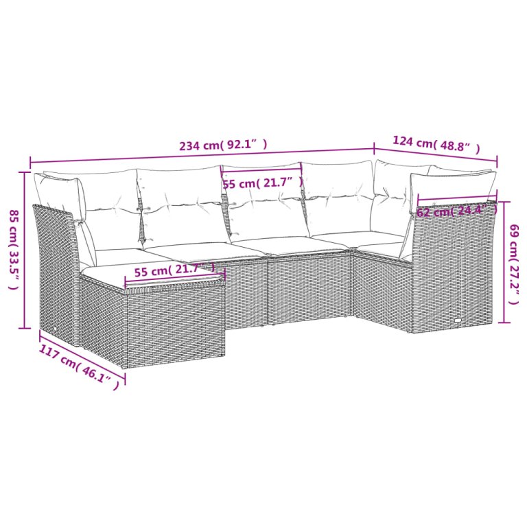 Set mobilier grădină cu perne, 6 piese, gri, poliratan