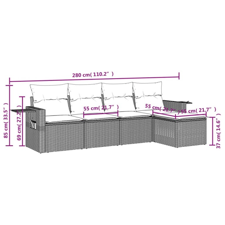 Set mobilier de grădină cu perne, 5 piese, negru, poliratan