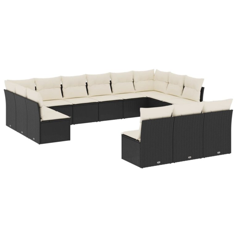 Set mobilier de grădină cu perne, 13 piese, negru, poliratan