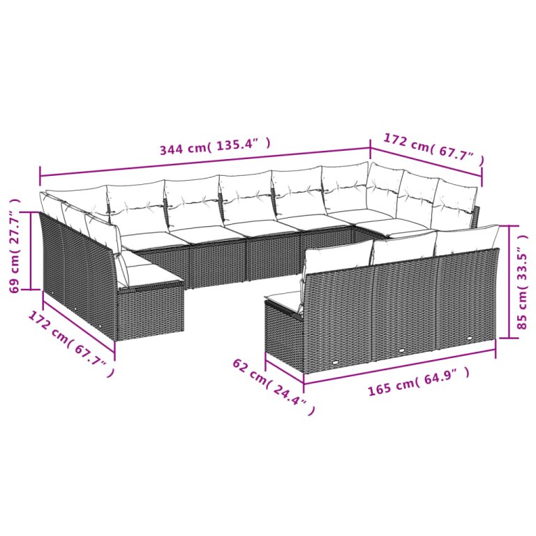 Set mobilier de grădină cu perne, 13 piese, negru, poliratan