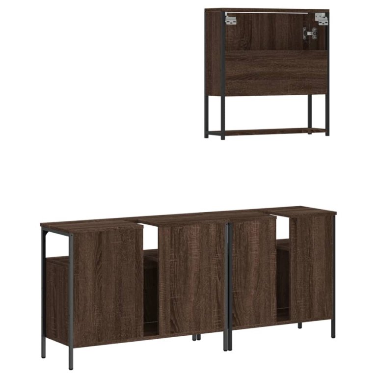 Set mobilier de baie, 3 piese, stejar maro, lemn prelucrat