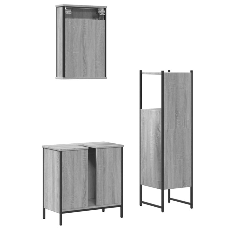 Set mobilier de baie, 3 piese, gri sonoma, lemn prelucrat