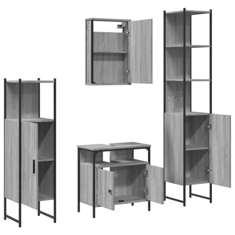 Set mobilier de baie, 4 piese, gri sonoma, lemn prelucrat