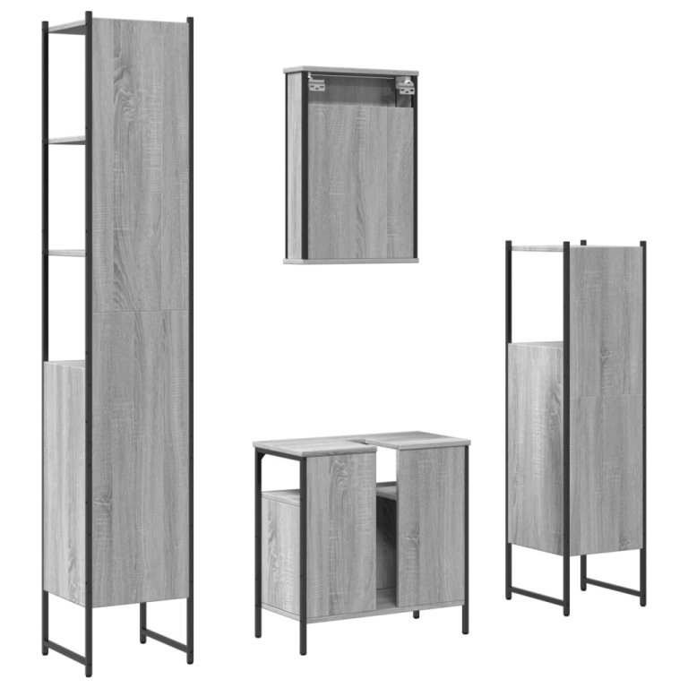 Set mobilier de baie, 4 piese, gri sonoma, lemn prelucrat