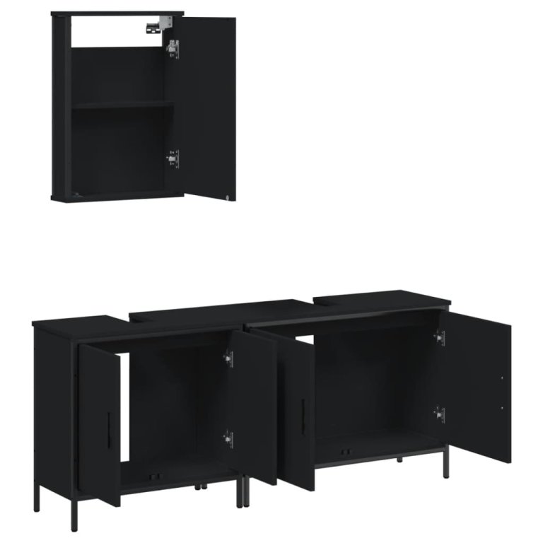 Set mobilier de baie, 3 piese, negru, lemn compozit