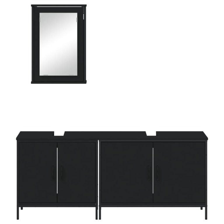 Set mobilier de baie, 3 piese, negru, lemn compozit