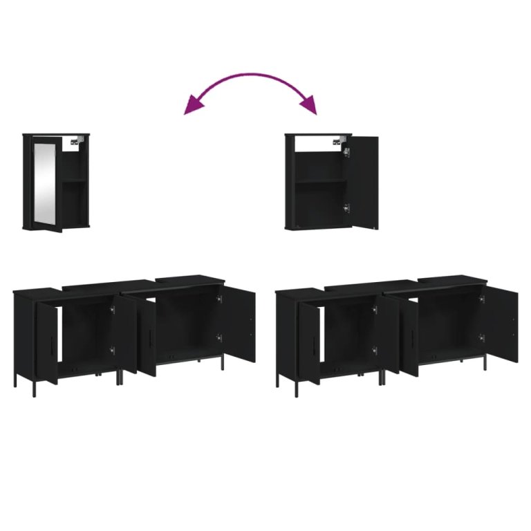 Set mobilier de baie, 3 piese, negru, lemn compozit