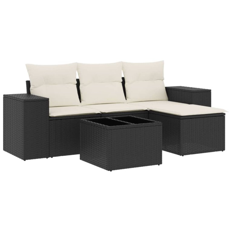 Set mobilier de grădină cu perne, 5 piese, negru, poliratan