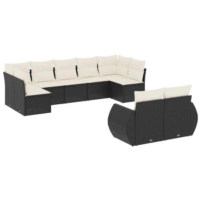 Set mobilier de grădină cu perne, 9 piese, negru, poliratan