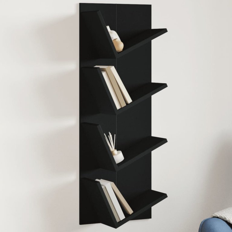 Bibliotecă de perete cu 4 niveluri, negru, 33x16x90 cm