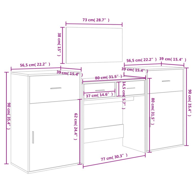 Set de măsuță de toaletă, 4 piese, gri beton, lemn prelucrat