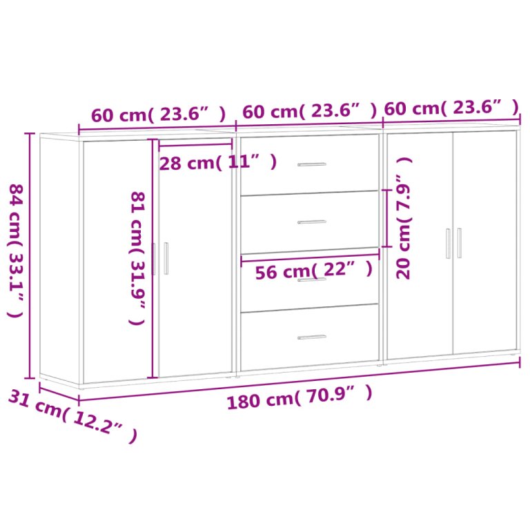 Dulapuri, 3 buc., negru, 60x31x84 cm, lemn prelucrat