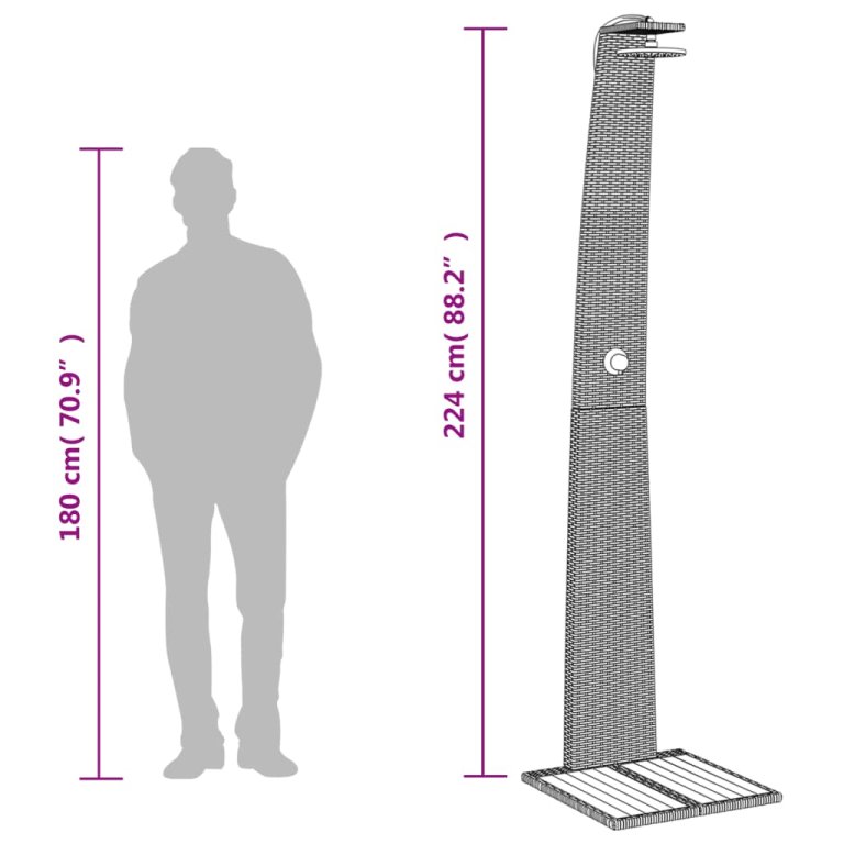 Duș de exterior, gri, 55x60x224 cm, poliratan și lemn acacia