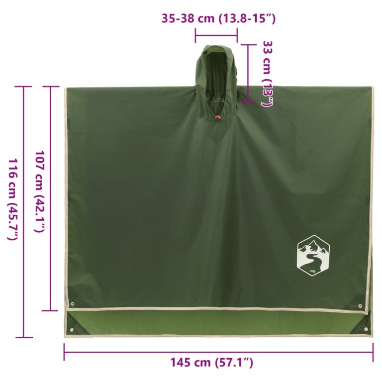 Poncho de ploaie cu glugă, design 2 în 1, verde, 223x145 cm