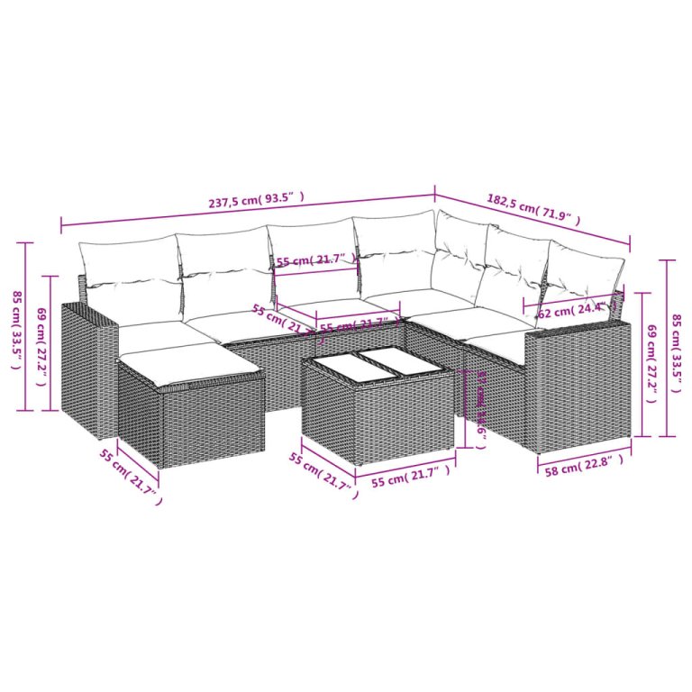 Set mobilier de grădină cu perne, 8 piese gri deschis poliratan