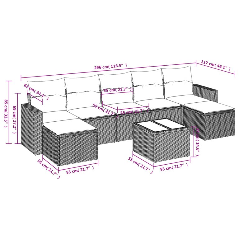 Set mobilier de grădină cu perne, 8 piese gri deschis poliratan