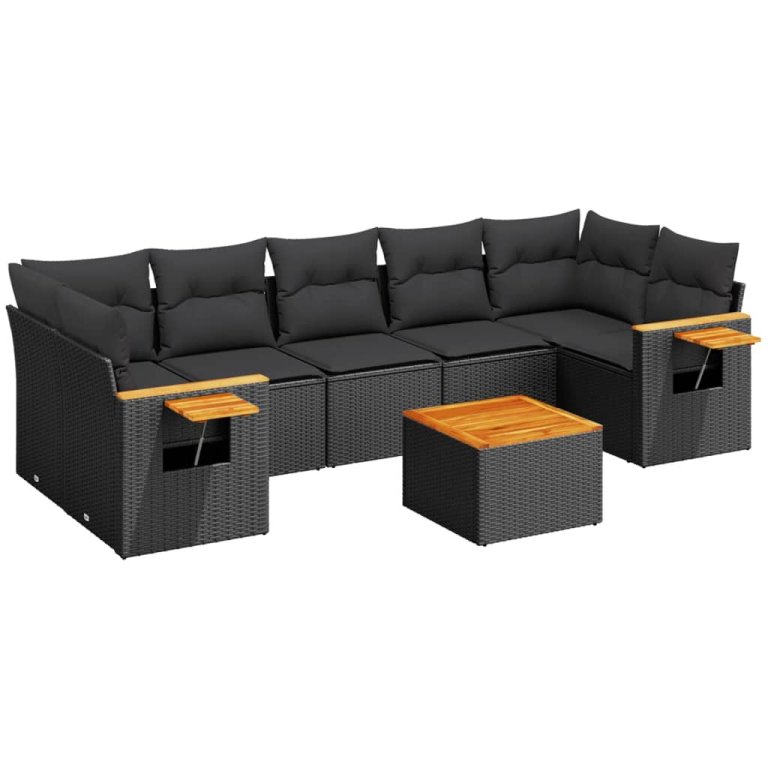 Set mobilier de grădină cu perne, 8 piese, negru, poliratan