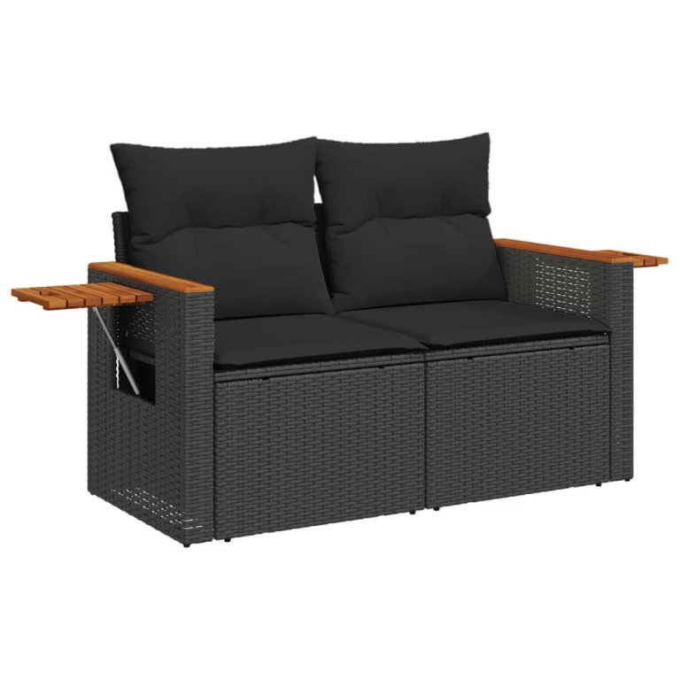 Set mobilier de grădină cu perne, 8 piese, negru, poliratan