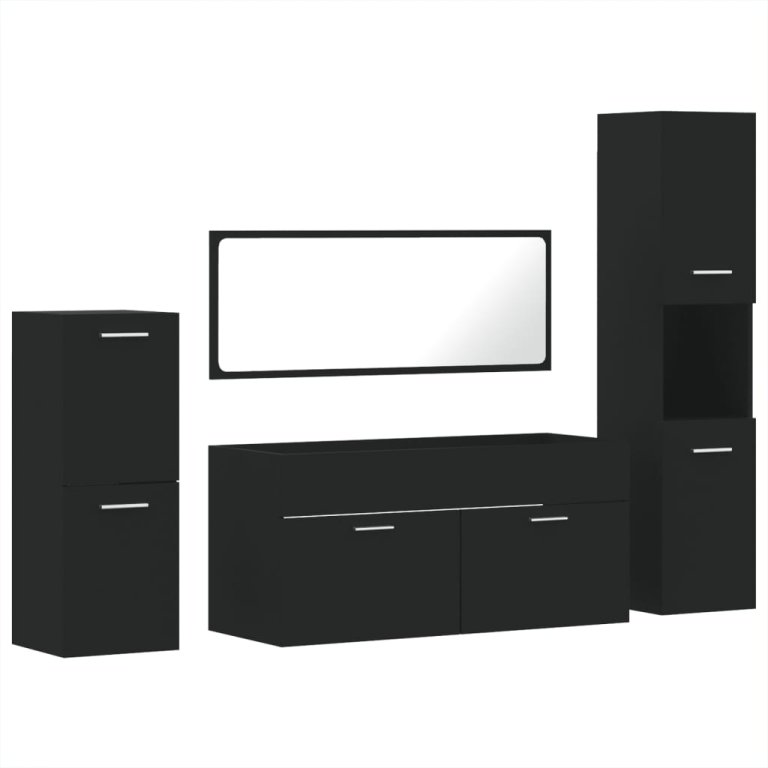 Set mobilier de baie, 4 piese, negru, lemn prelucrat