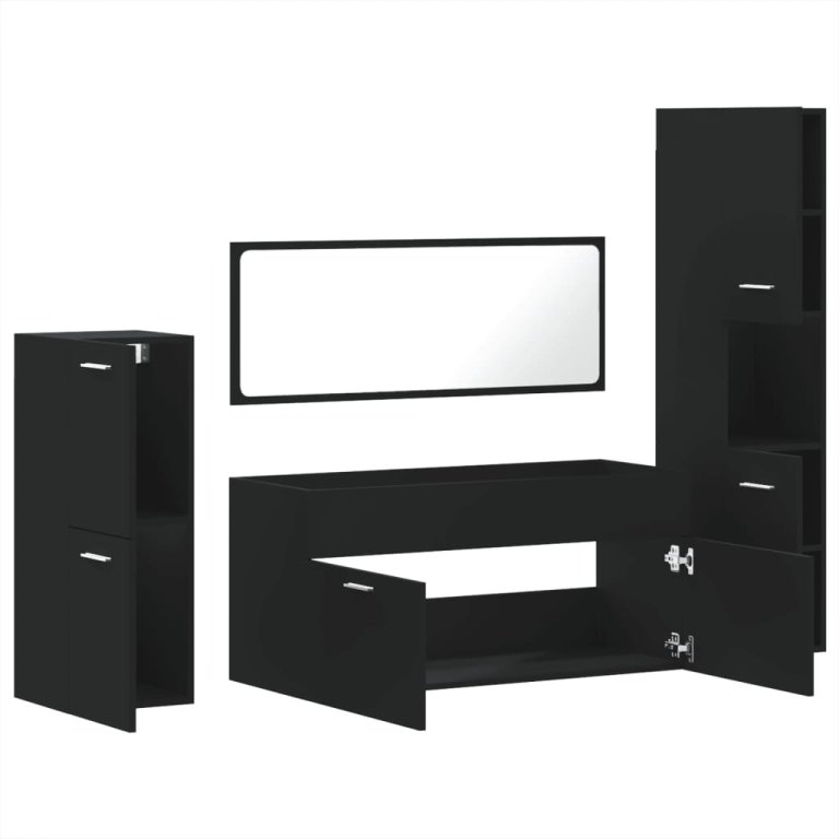 Set mobilier de baie, 4 piese, negru, lemn prelucrat