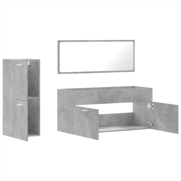 Set mobilier de baie, 3 piese, gri beton, lemn compozit