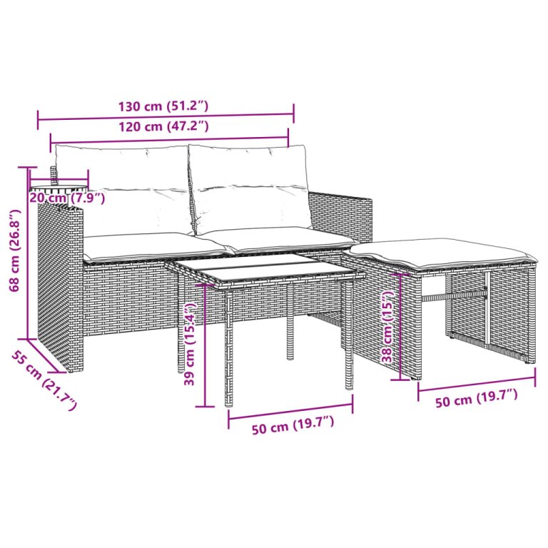 Set mobilier de grădină cu perne, 3 piese, negru, poliratan