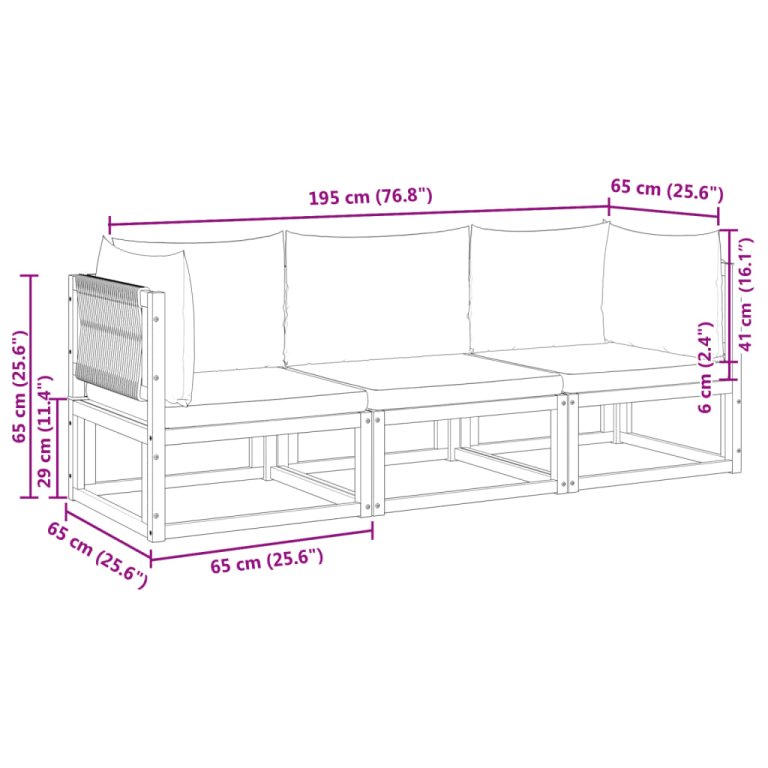 Set de canapele de grădină cu perne, 3 piese, lemn masiv acacia