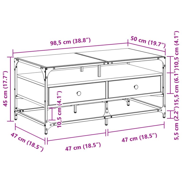 Măsuță de cafea cu blat din sticlă gri sonoma 98,5x50x45cm oțel