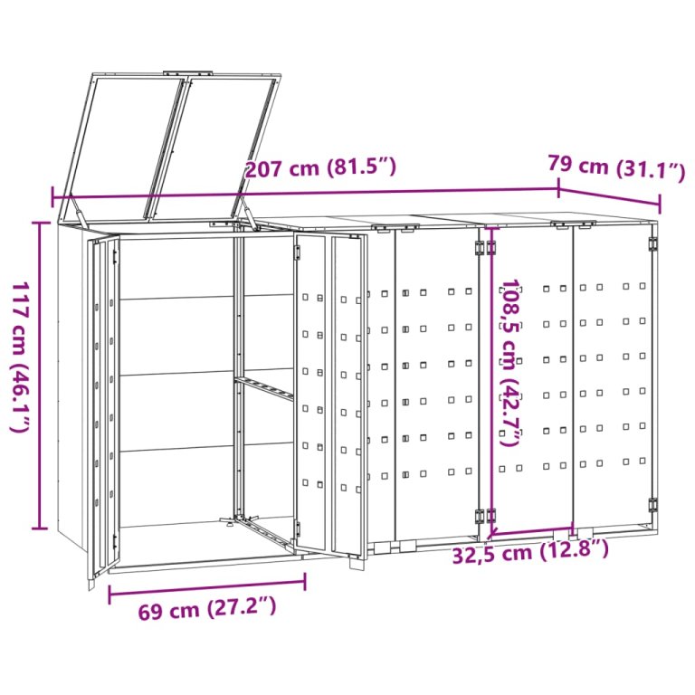 Depozitare coș gunoi roți 3 coșuri antracit 207x79x117 cm oțel