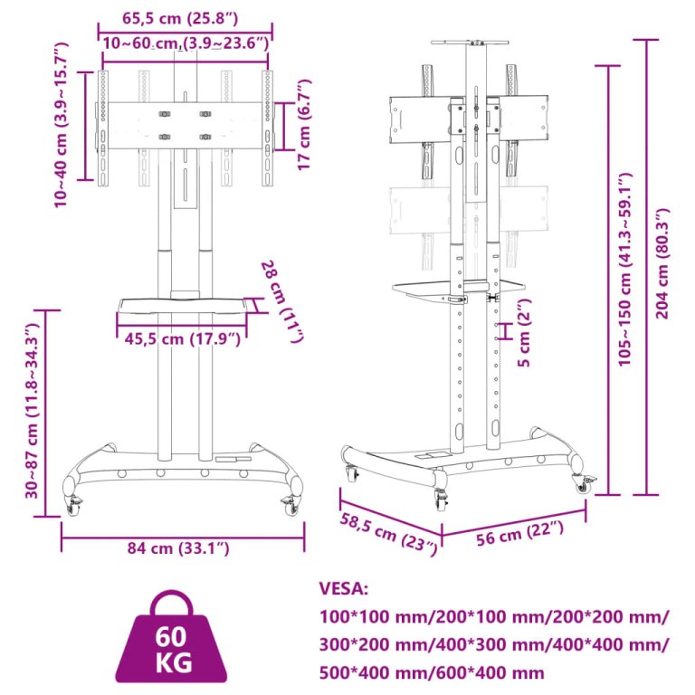 Suport TV pe roți ecran de 32-70 inchi Max VESA 600x400 mm 60kg