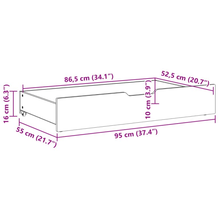 Sertare de pat, 2 buc., 95x55x16 cm, alb, lemn masiv de pin