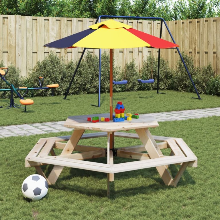 Masă picnic pentru 6 copii cu umbrelă, hexagon, lemn masiv brad