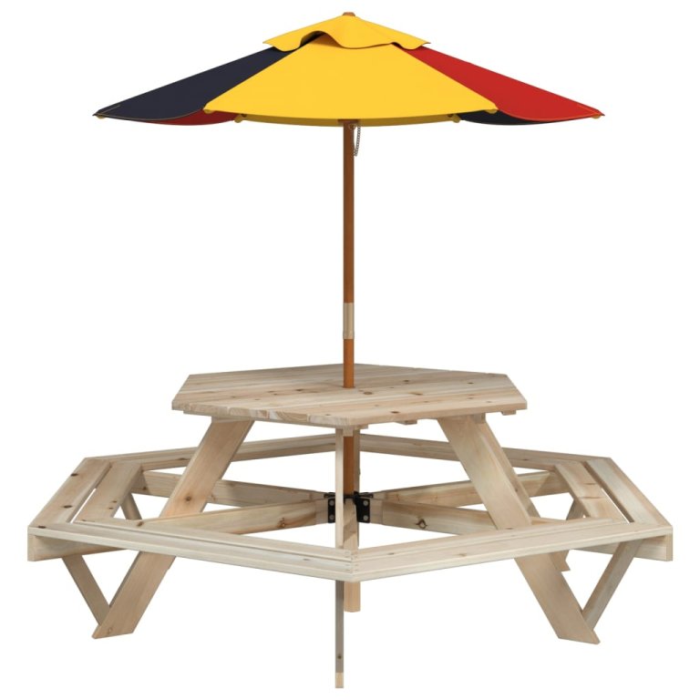 Masă picnic pentru 6 copii cu umbrelă, hexagon, lemn masiv brad