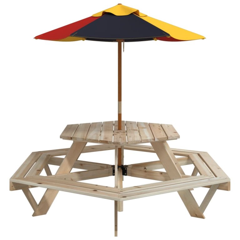 Masă picnic pentru 6 copii cu umbrelă, hexagon, lemn masiv brad