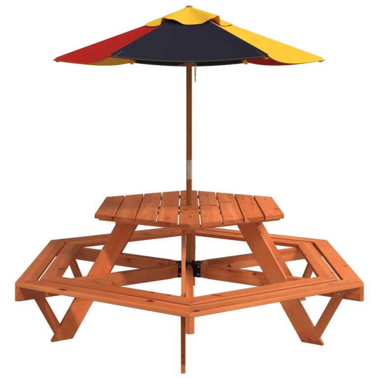 Masă picnic pentru 6 copii cu umbrelă, hexagon, lemn masiv brad